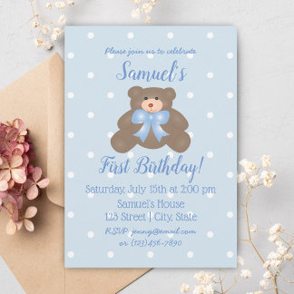 Niedlicher Blue Ribbon Baby Teddy Bär erster Gebur Einladung
