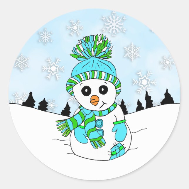 Niedlicher Blue Snowman und Snowflakes Weihnachtsf Runder Aufkleber (Vorderseite)