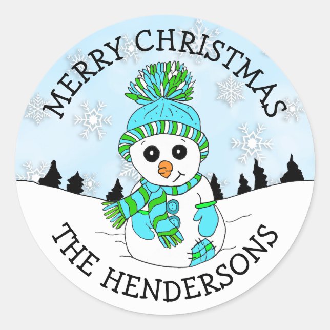 Niedlicher Blue Snowman und Snowflakes Weihnachtsf Runder Aufkleber (Vorderseite)