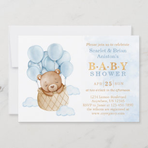 Niedlicher Blue Teddy Bär mit Balloons Baby Dusche Einladung