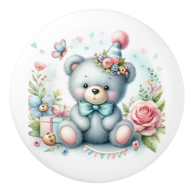 Niedlicher Blue Teddy Beer Pink Roses Baby Room Keramikknauf (Vorderseite)