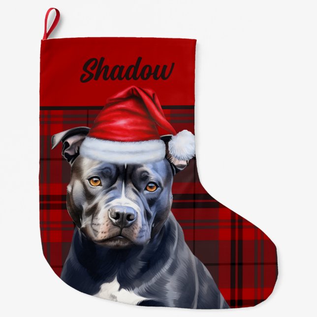 Niedlicher Bluenose Pitbull Hund und Karierter Rot Großer Weihnachtsstrumpf (Vorderseite)