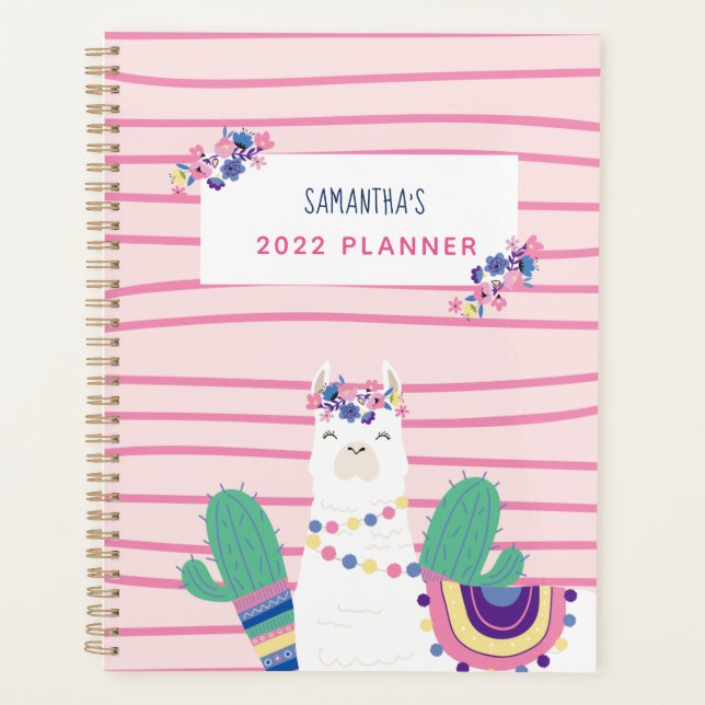 Niedlicher Blumen Llama Personalisiert Pink Planer (Vorderseite)