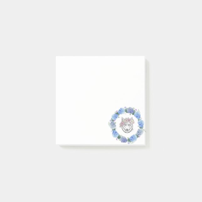 Niedlicher Blumenblauer Hydrangea Wolf Nachhinweis Post-it Klebezettel (Vorderseite)