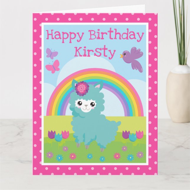 Niedlicher Blumenfrühling Aquamarin Llama & Rainbo Karte (Vorderseite)