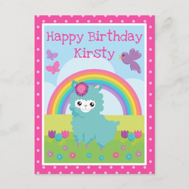 Niedlicher Blumenfrühling Aquamarin Llama & Rainbo Postkarte (Vorderseite)