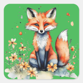 Niedlicher Blumenfuchs Quadratischer Aufkleber