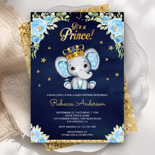 Niedlicher Blumenprinz Elephant Navy Blue Baby Dus Einladung (Von Creator hochgeladen)