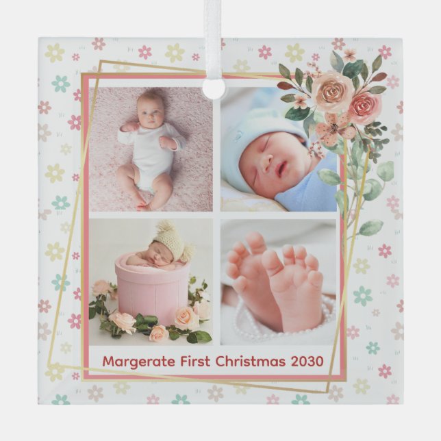 niedlicher Blumenrahmen New Baby Personalisiert 4  Ornament Aus Glas (Vorderseite)