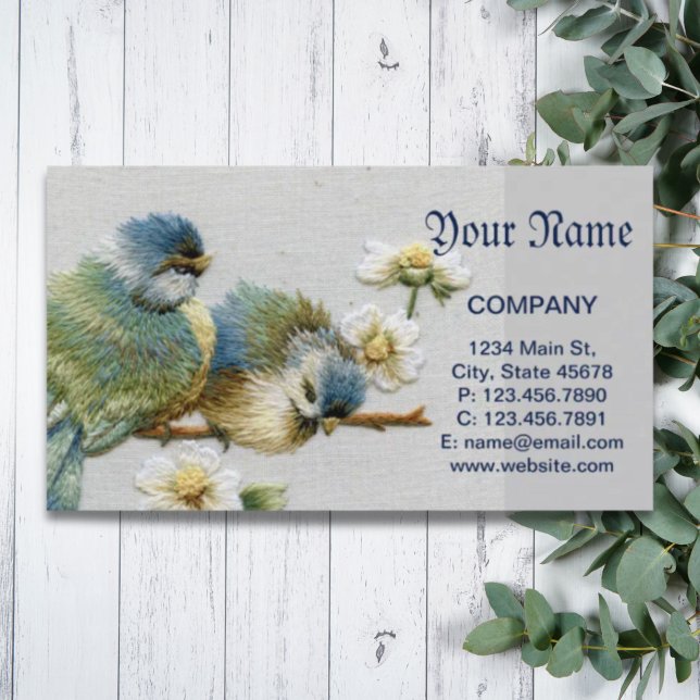 niedlicher, blumenreicher aquamariner Pfefferminzg Visitenkarte (cute floral teal mint green embroidery bird business card)