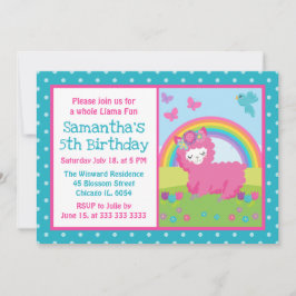 Niedlicher Blumenrosa Regenbogen Llama Geburtstag Einladung