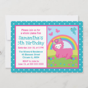 Niedlicher Blumenrosa Regenbogen Llama Geburtstag Einladung