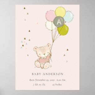 Niedlicher Blush-Bär-Ballon Mädchen-Monogramm Baby Poster