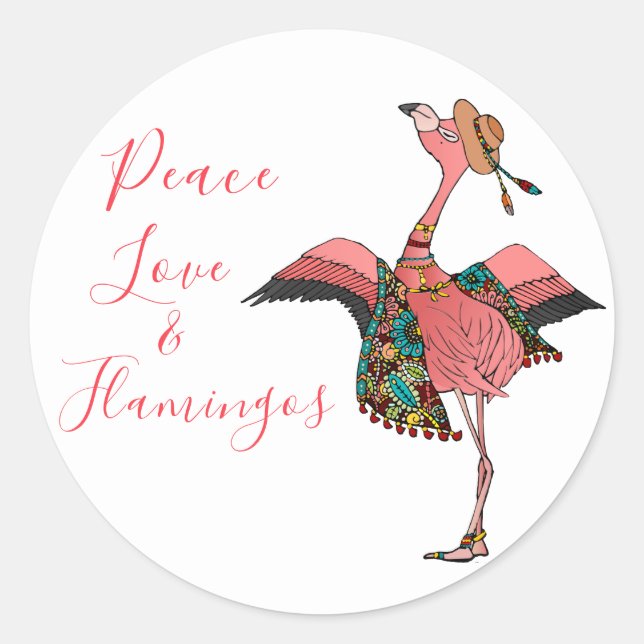 Niedlicher Bohemischer Friede Liebe & Flamingo Sti Runder Aufkleber (Vorderseite)