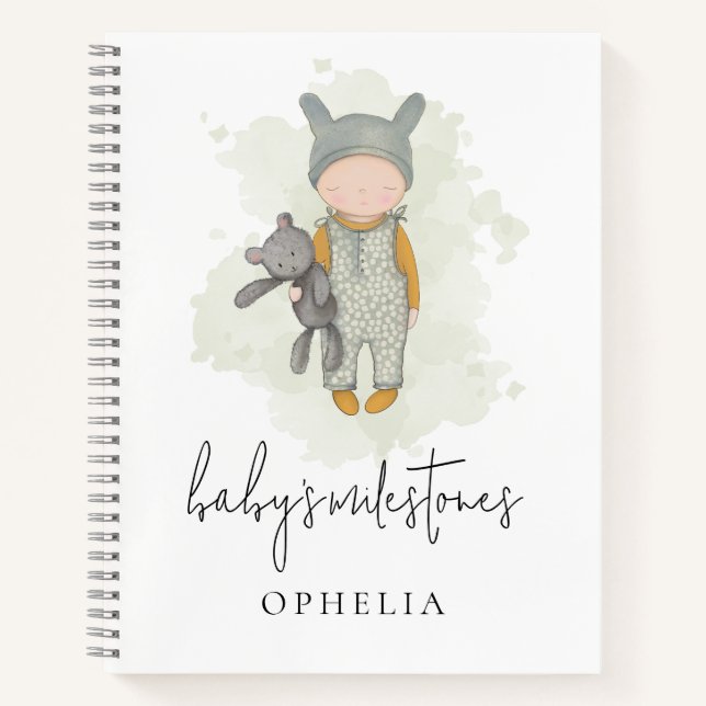Niedlicher Boho Chic Name Bear Baby Meilensteine Notizbuch (Vorderseite)