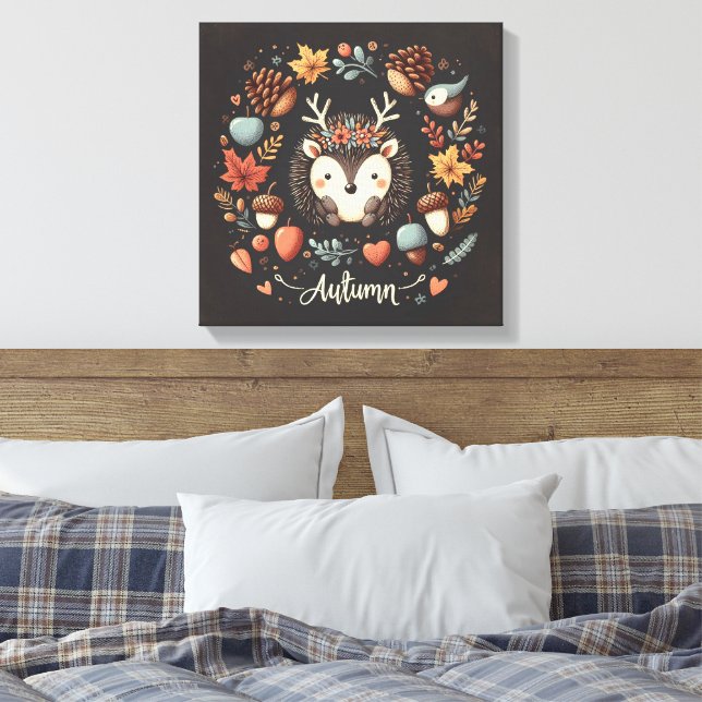 Niedlicher Boho Herbst Igel Wraath Wall Decal Leinwanddruck (Insitu (Schlafzimmer))