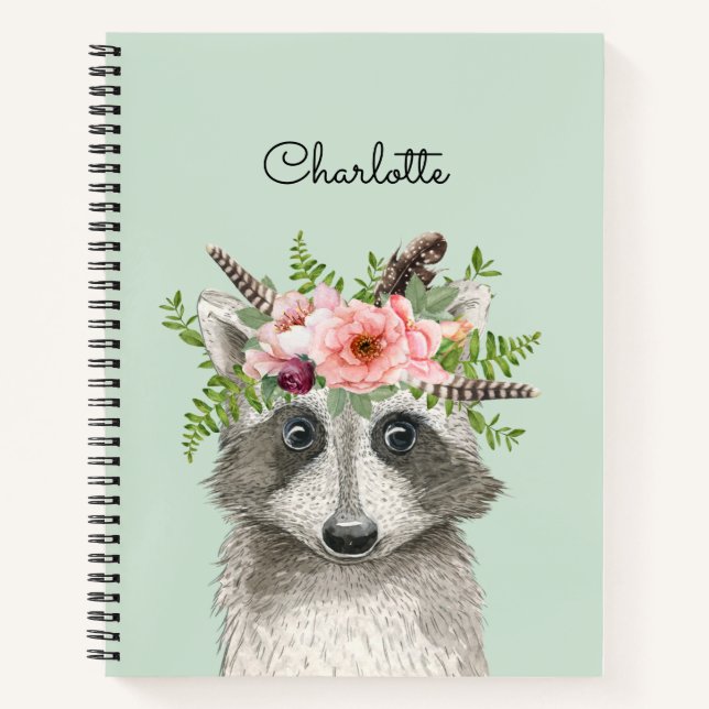 Niedlicher Boho Raccoon mit Blumen und Feathers Cr Notizbuch (Vorderseite)