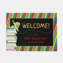 Niedlicher Bookworm | Farbenfrohe Streifen Lehrer Fußmatte