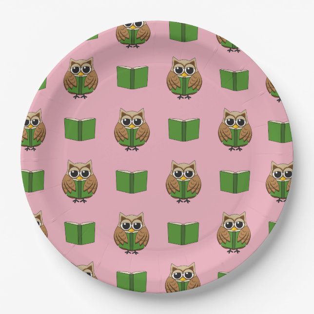 Niedlicher Bookworm Owl Reading Book Cartoon Pappteller (Vorderseite)