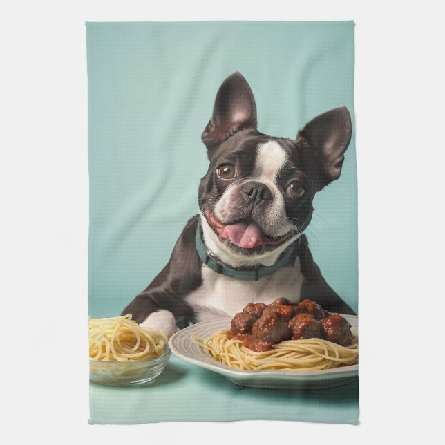 Niedlicher Boston Terrier mit Spaghetti Bolognaise Geschirrtuch (Vertikal)