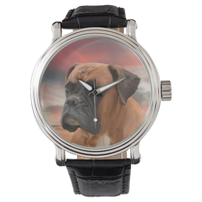 Niedlicher Boxer Hund Aquarellmalerei Art Armbanduhr (Vorderseite)