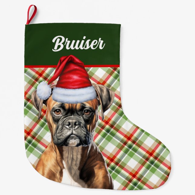 Niedlicher Boxer Hund mit Holiday Kariert Personal Großer Weihnachtsstrumpf (Vorderseite)