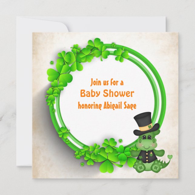 Niedlicher Boy Dragon und Clovers irische Babydusc Einladung (Vorderseite)