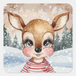 Niedlicher Boy Rentier mit Weihnachtslandschaft Quadratischer Aufkleber