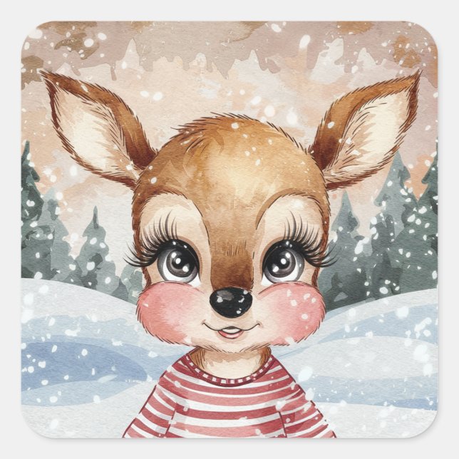 Niedlicher Boy Rentier mit Weihnachtslandschaft Quadratischer Aufkleber (Vorderseite)