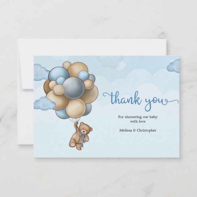Niedlicher Boy Teddy Bär beige weiße Ballons Dankeskarte (Vorderseite)