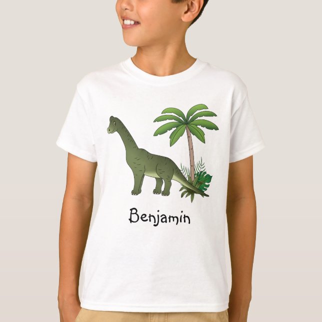 Niedlicher Brachiosaurus und Palmenbaum mit Kinder T-Shirt (Vorderseite)