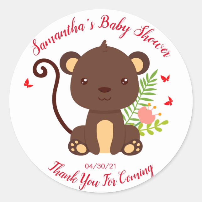 Niedlicher brauner Affe mit rosa Blume Kinderdusch Runder Aufkleber (Vorderseite)
