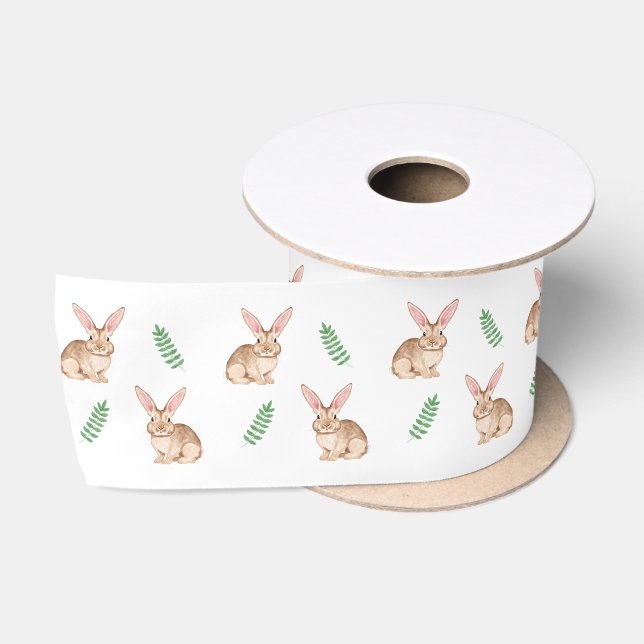 Niedlicher Brauner Aquarell-Osterhase und Grün Satinband (Spule)