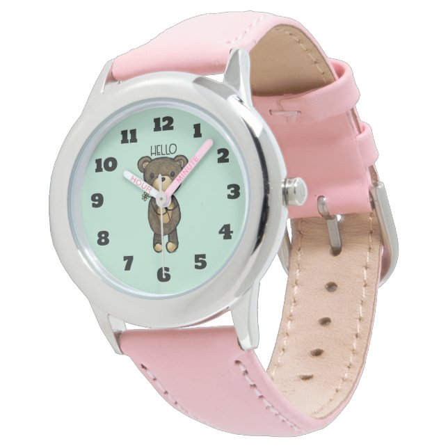 Niedlicher brauner Bär mit gelber Blume Armbanduhr (Schrägansicht)