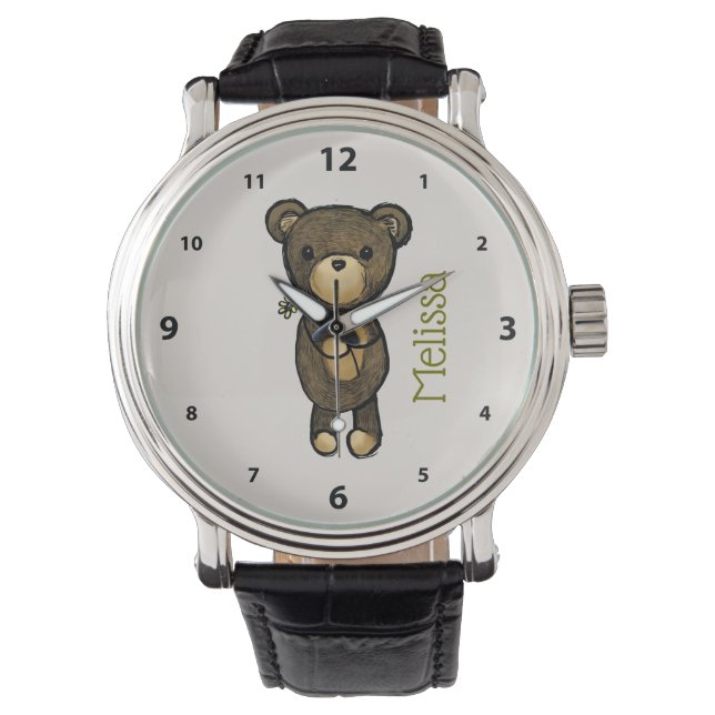 Niedlicher brauner Bär mit gelber Blume Armbanduhr (Vorderseite)