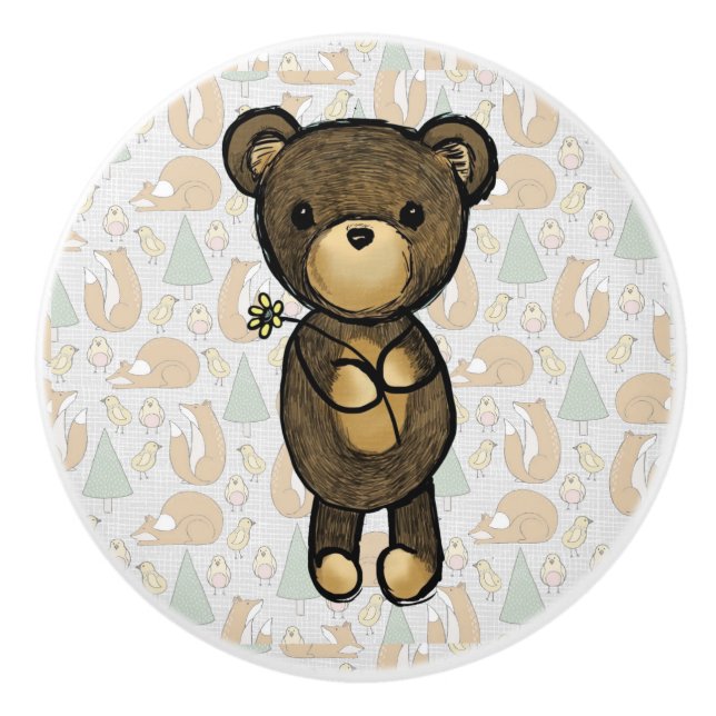 Niedlicher brauner Bär mit gelber Blume Keramikknauf (Vorderseite)