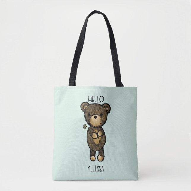 Niedlicher brauner Bär mit gelber Blume Tasche (Vorderseite)