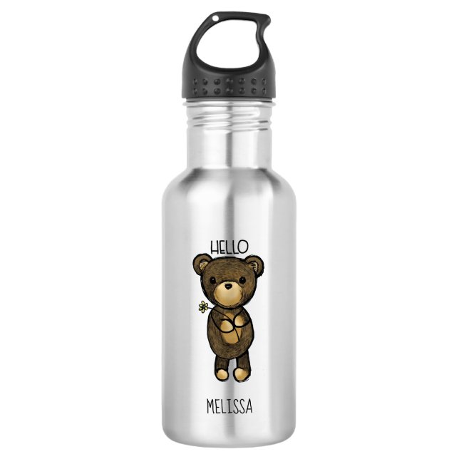 Niedlicher brauner Bär mit gelber Blume Trinkflasche (Vorderseite)