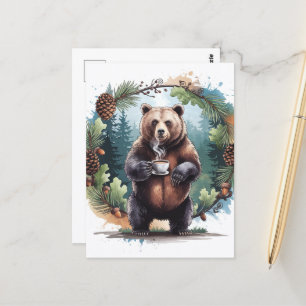 Niedlicher brauner Bär mit Kaffee Postkarte