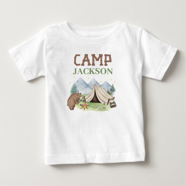 Niedlicher brauner Bär Zelt Happy Camper 1. Geburt Baby T-shirt (Vorderseite)