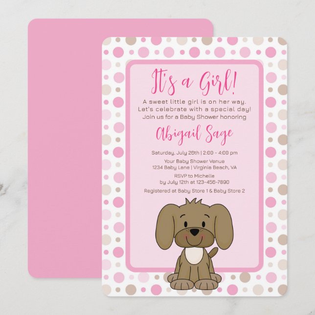 Niedlicher brauner Hund Pink Polka Dot Baby Dusche Einladung (Vorne/Hinten)
