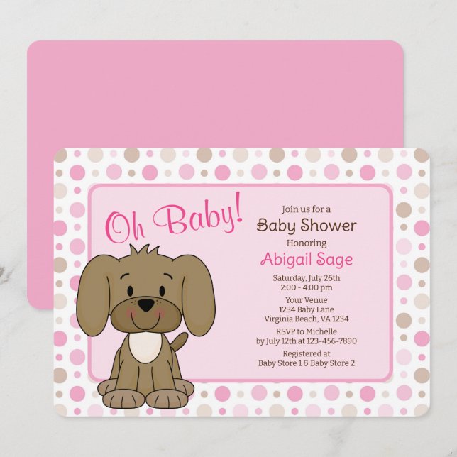 Niedlicher brauner Hund Pink Polka Dot Baby Dusche Einladung (Vorne/Hinten)