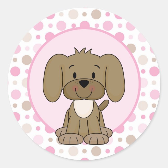 Niedlicher brauner Hund Pink Polka Dot Baby Dusche Runder Aufkleber (Vorderseite)