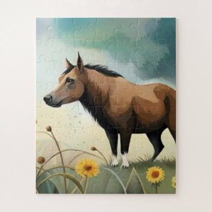 Niedlicher brauner Pony im Blumenfeld