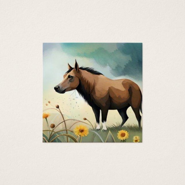 Niedlicher brauner Pony im Blumenfeld (Vorderseite)