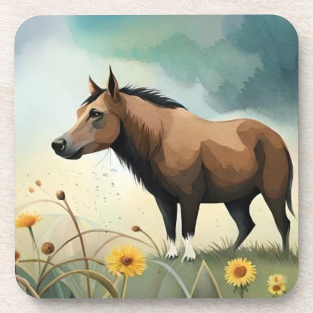 Niedlicher brauner Pony im Blumenfeld Getränkeuntersetzer (Vorderseite)