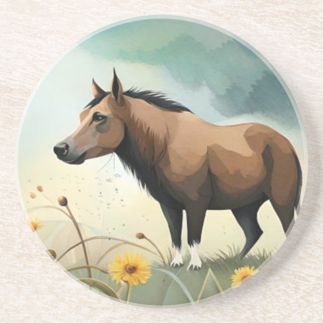 Niedlicher brauner Pony im Blumenfeld Getränkeuntersetzer (Vorne)