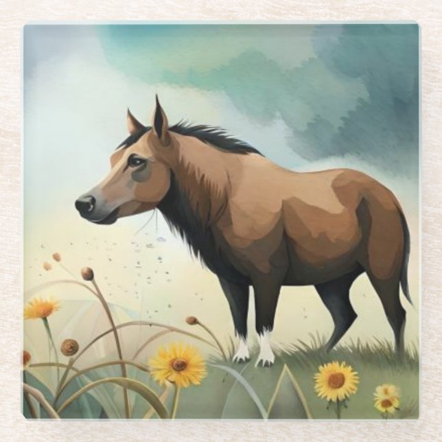 Niedlicher brauner Pony im Blumenfeld Glasuntersetzer (Vorderseite)