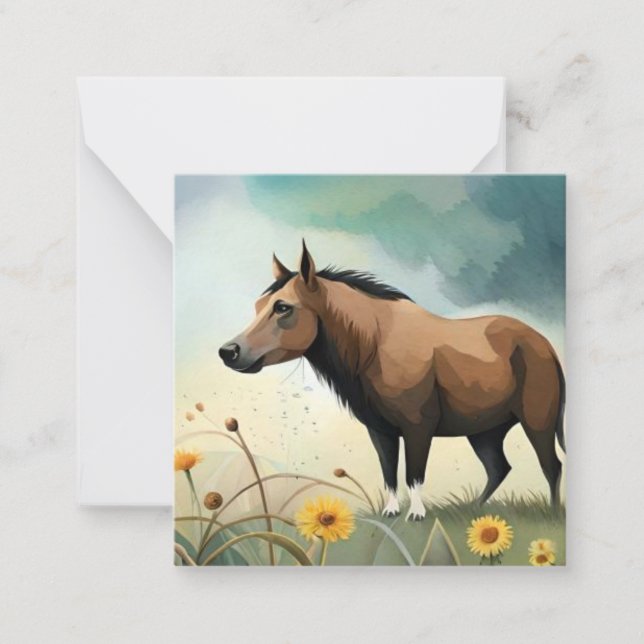 Niedlicher brauner Pony im Blumenfeld Mitteilungskarte (Vorderseite)