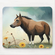 Niedlicher brauner Pony im Blumenfeld